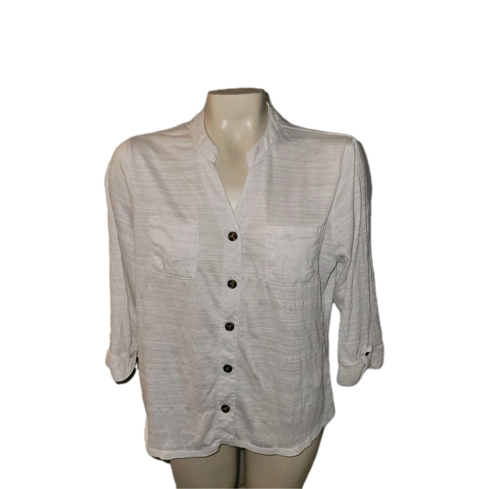 CAROLYN TAYLOR White XL 3/4 Sleeve Button‎ Front V-neck Beachy Momcore Comfort